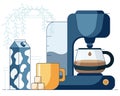 Mug with hot coffee made by drip coffee machine, sugar cubes and milk in front of pot with a flower. Cartoon vector