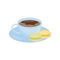 Blue mug of hot coffee or tea with tasty macaroons on saucer. Delicious beverage. Flat vector icon Royalty Free Stock Photo