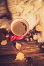 Mug of hot coffee in a woman's hand in a sweater in the autumn setting on a wooden table with a knitted scarf, sweater. Comfort, Royalty Free Stock Photo