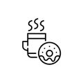 Mug with hot drink and glazed doughnut with frosting. Pixel perfect, editable stroke icon