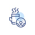 Mug with hot drink and glazed doughnut with frosting. Pixel perfect, editable stroke line icon