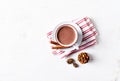 Mug of hot milk with cocoa and cinnamon for Christmas. Flatlay. Copy space