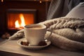 A mug of hot tea stands on a chair with a woolen blanket in a cozy living room with a fireplace. Generative AI Royalty Free Stock Photo