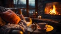 A mug of hot tea stands on a chair with a woolen blanket in a cozy living room with a fireplace. Royalty Free Stock Photo