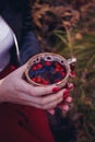 Mug of hot tea in woman hand is autumn in a forest foliage. Autumn came, magical mood. Red berries floating in the tea