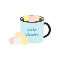 Mug with lettering Hello winter, warm drink and marshmallow cubes in trendy seasonal soft shades Royalty Free Stock Photo