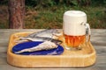 Mug of light beer and dried fish on a wooden table in a summer day outdoors - photo, image