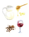 Mug of Milk, Honey, Cloves and a glass of wine isolated on white background Royalty Free Stock Photo