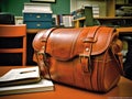 Mug newspaper briefcase on office workspace Royalty Free Stock Photo