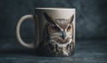A mug with an owl on it sits on a table Royalty Free Stock Photo