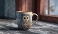 A mug with an owl on it sits on a table Royalty Free Stock Photo