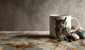 A mug with an owl on it sits on a table with rocks and coffee Royalty Free Stock Photo