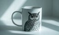 A mug with an owl on it sits on a white table Royalty Free Stock Photo