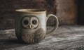 A mug with a owl on it sits on a wooden table Royalty Free Stock Photo