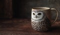 A mug with a owl on it sits on a wooden table Royalty Free Stock Photo