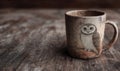 A mug with a owl on it sits on a wooden table Royalty Free Stock Photo