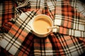 A mug with paper straw filled with coffee and milk standing on a plaid blanket.