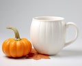 Mug with pumpkins fall mockup. White coffee cup mock up. Blank mug printing design template. Autumn, halloween and
