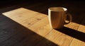 Morning sunlight illuminates a simple ceramic mug on a warm wooden floor, cozy scene Royalty Free Stock Photo