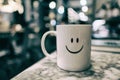 A mug with smiley face with beautiful boken and blurred background with relaxing tone