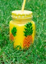 Mug with straw and juice with a pattern of pineapple. On the background of green grass. Royalty Free Stock Photo