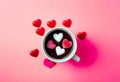 Mug with sugar and chocolate hearts on pink background. Flat lay composition. Romantic, St Valentines Day concept