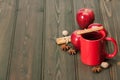 Mug Of Tea Or Coffee. Apples, Spices. Wooden