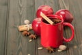 Mug Of Tea Or Coffee. Apples, Spices. Wooden