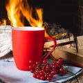 A mug of tea or coffee, woolen thing and viburnum berries near a cozy fireplace, in a country house, autumn or winter holidays