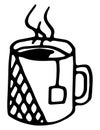 Mug with tea icon. Vector illustration of a mug with a tea bag. Hand drawn hot mug with steam