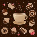 Mug of tea and muffin. Picture a cup of hot coffee surrounded by cakes and donuts Royalty Free Stock Photo