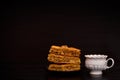 A mug of tea and a plate of Turkish baklava honey. Copy space, black background Royalty Free Stock Photo