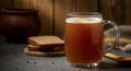 Refreshing traditional fermented kvass drink with foam and bubbles served with rye bread Royalty Free Stock Photo