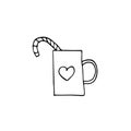 Mug with warm drink and candy cane in a hand drawn doodle style