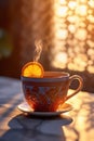 A mug of warm tea on the windowsill by the window in autumn. Autumn season. Royalty Free Stock Photo