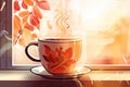 A mug of warm tea on the windowsill by the window in autumn. Autumn season. Royalty Free Stock Photo