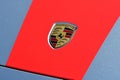 Mugello Circuit, Italy 23 September 2022: closeup of Porsche logo on red Porsche 911 GT3 Carrera sports car Royalty Free Stock Photo