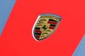 Mugello Circuit, Italy 23 September 2022: closeup of Porsche logo on red Porsche 911 GT3 Carrera sports car Royalty Free Stock Photo