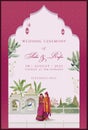 Wedding invitation card design with indian woman in saree.