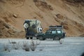 Mugla, Turkey - 23 December 2022: A black Land Rover Discovery with a roof rack on the background of a quarry