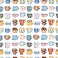 Mugs cute seamless pattern. Set of isolated cups on a white background. Cartoon illustration drawn by watercolor and freehand