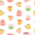 Mugs with drinks, tea and coffee on white background, vector seamless pattern in flat hand drawn style Royalty Free Stock Photo