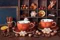 Mugs filled with hot chocolate and marshmallows Royalty Free Stock Photo