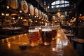 Mugs with fresh beer sitting on a wooden bar in a pub. AI Generated Royalty Free Stock Photo