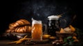 Mugs of fresh beer and traditional food on dark background, closeup, generative ai