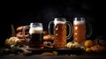 Mugs of fresh beer and traditional food on dark background, closeup. Oktoberfest celebration, generative ai