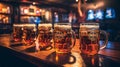 Mugs full of beer on a bar counter. Generative AI