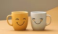 Mugs with smiling faces Coffee tea lovers friendship day concept Royalty Free Stock Photo