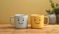Mugs with smiling faces Coffee tea lovers friendship day concept Royalty Free Stock Photo