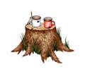 Mugs of tea stand on a stump camping watercolor